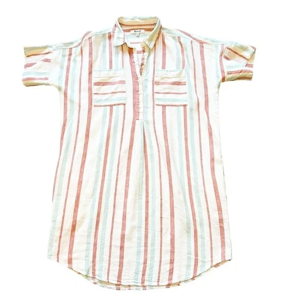 Madewell Courier Stripe Linen Cotton cream multicolor shirt dress Popover Medium - Picture 2 of 8